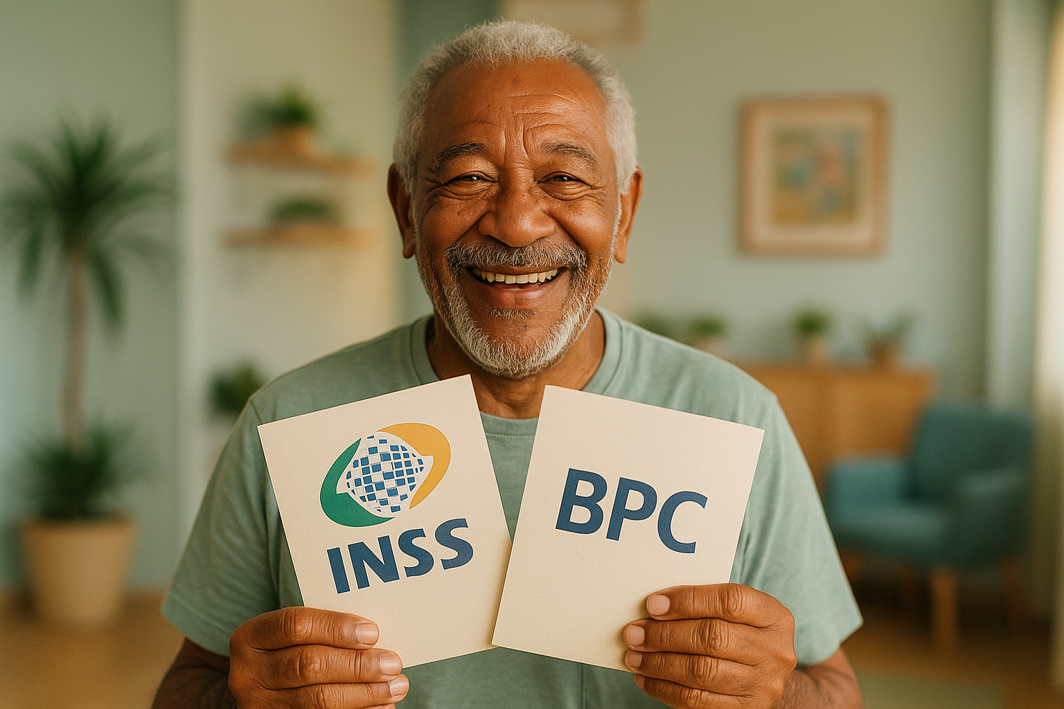 Idoso feliz com documentos do BPC e INSS