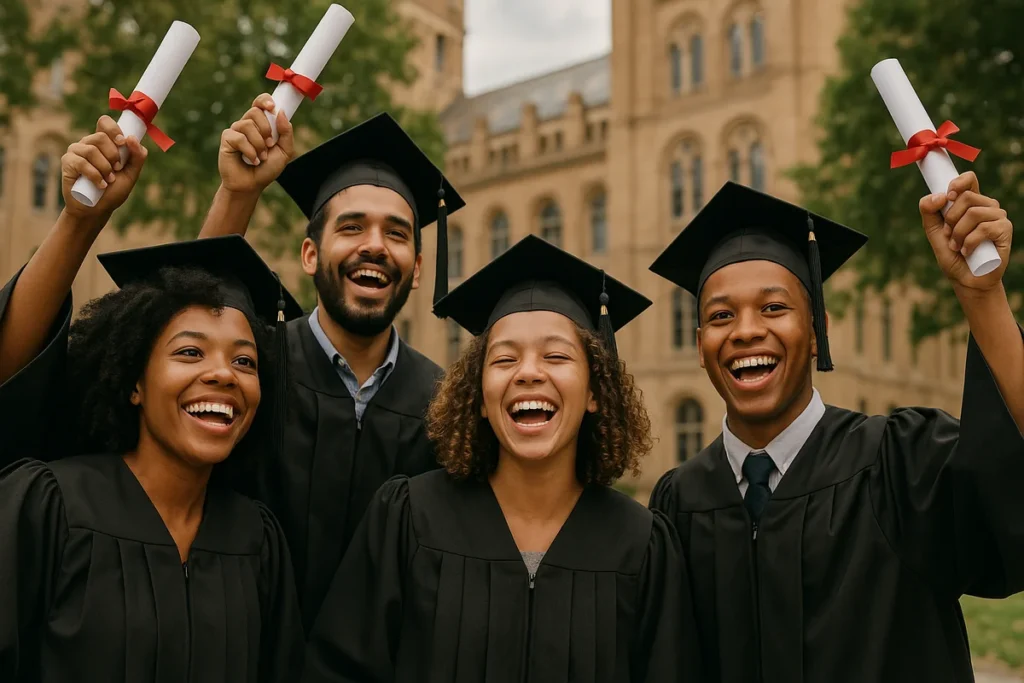 Formandos universitários celebrando conquista acadêmica