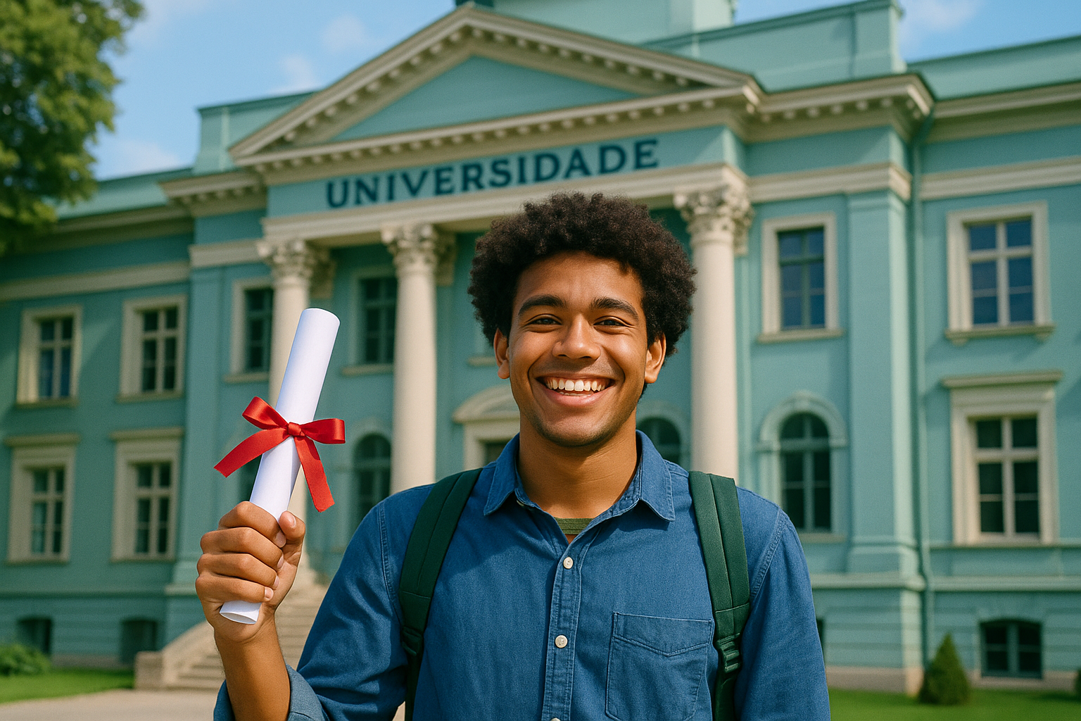 Estudante formado com diploma em frente à universidade