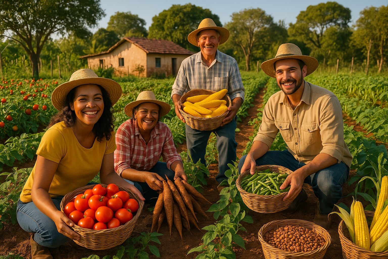 Agricultores familiares colhendo alimentos frescos para o Programa de Aquisição de Alimentos