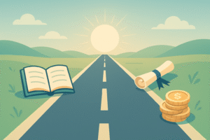 Caminho estilizado com símbolos de educação e finanças representando jornada de poupança estudantil
