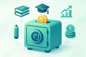 Cofrinho digital moderno rodeado por ícones de educação e finanças, representando poupança estudantil