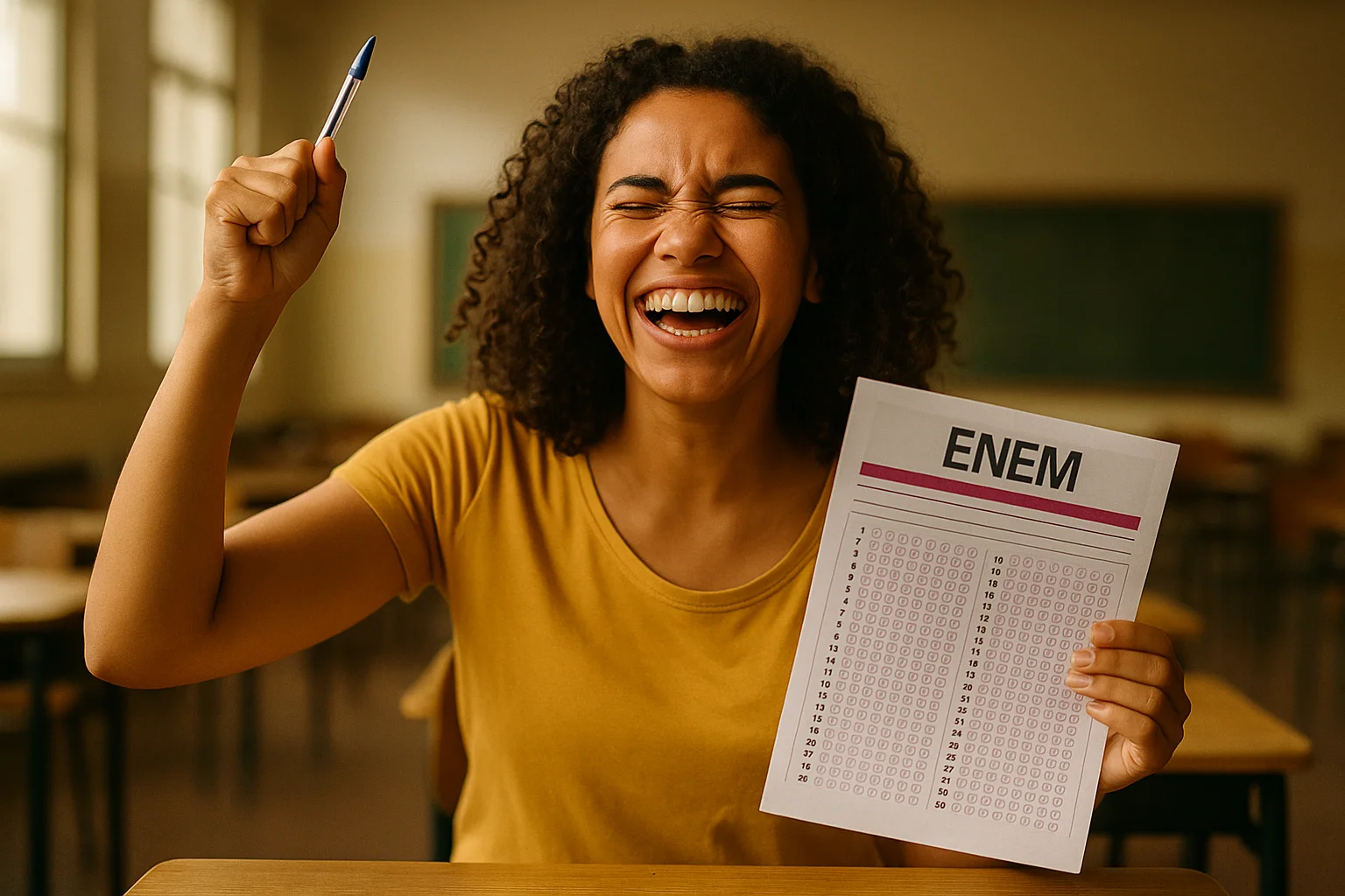 Estudante celebrando sucesso no ENEM