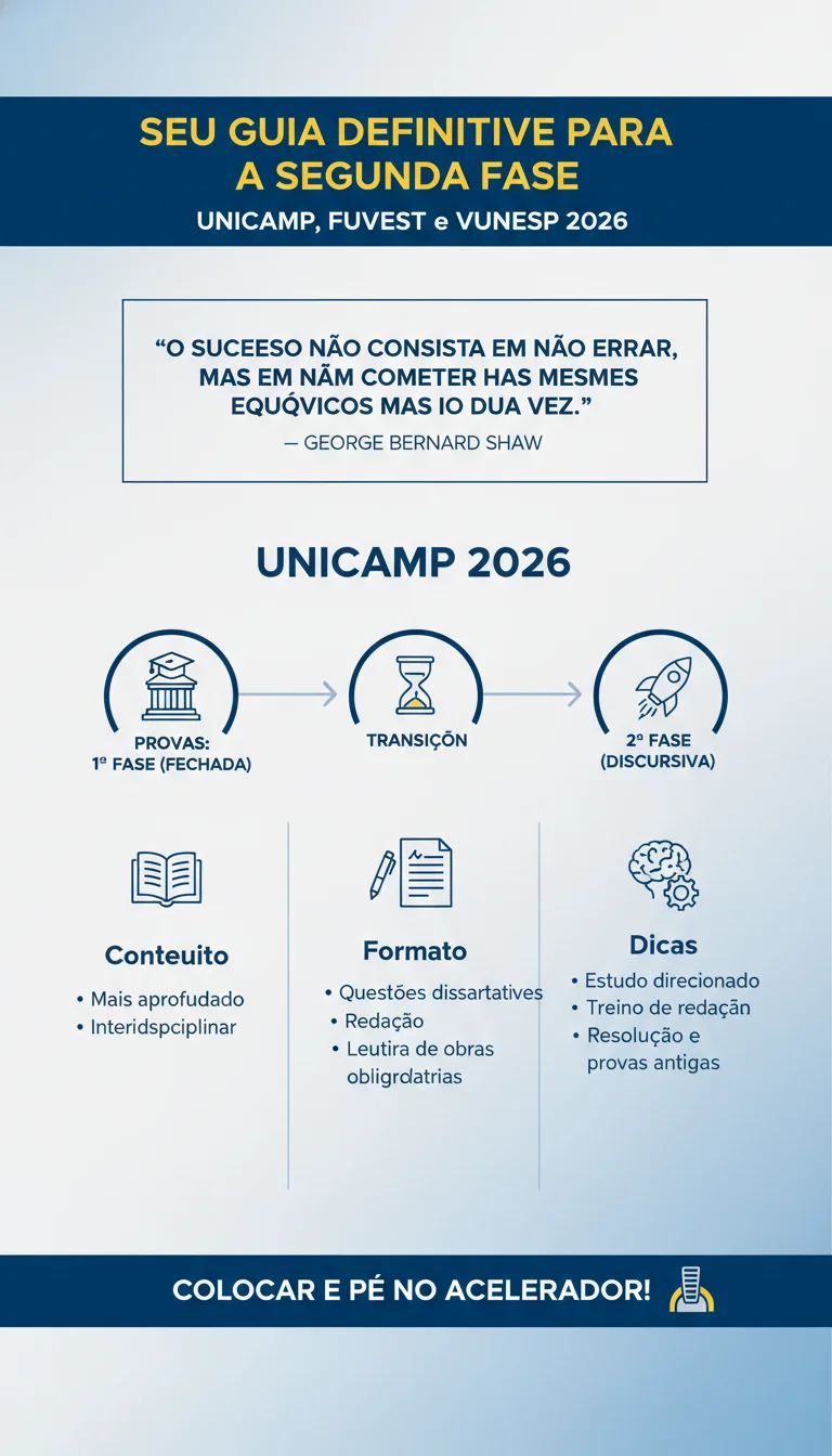 Seu Guia Definitivo para a Segunda Fase: UNICAMP, FUVEST e VUNESP 2026 - Infográfico