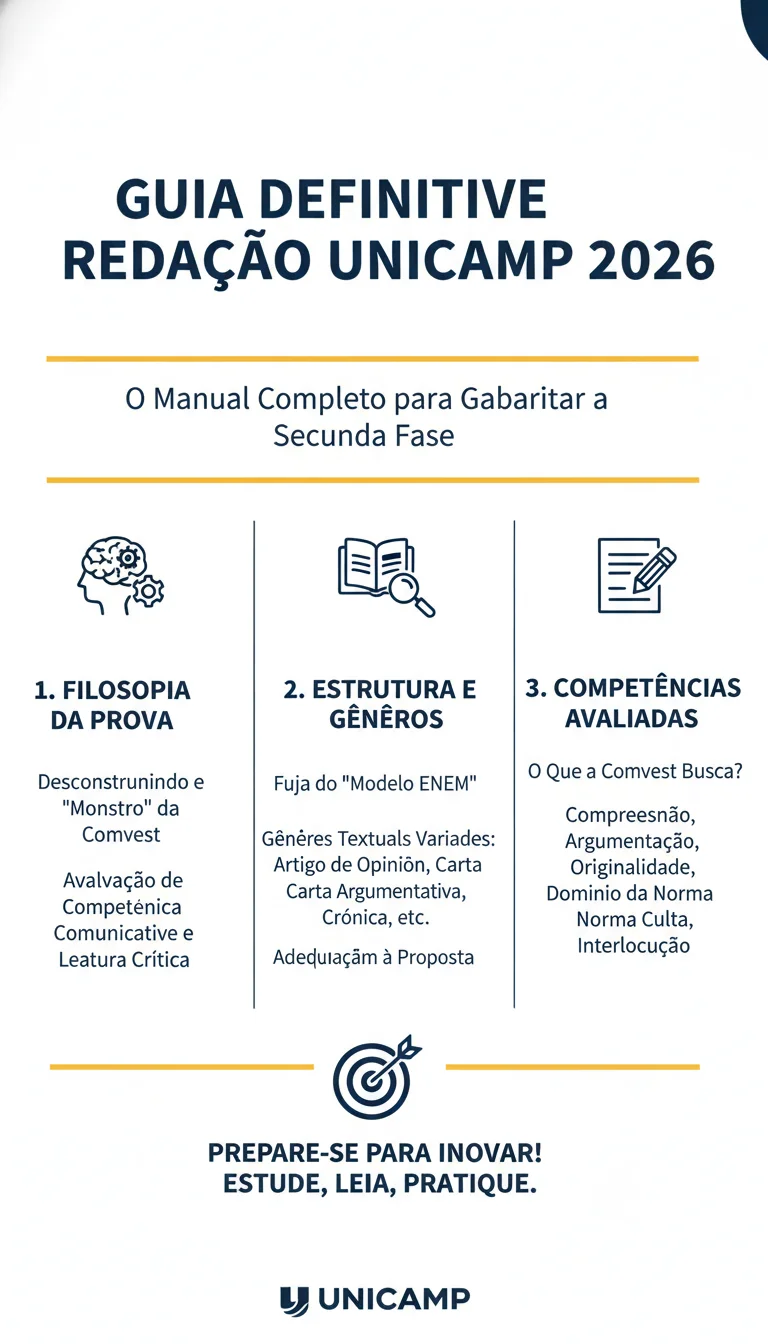 Guia Definitivo da Redação Unicamp 2026: O Manual Completo para Gabaritar a Segunda Fase - Infográfico
