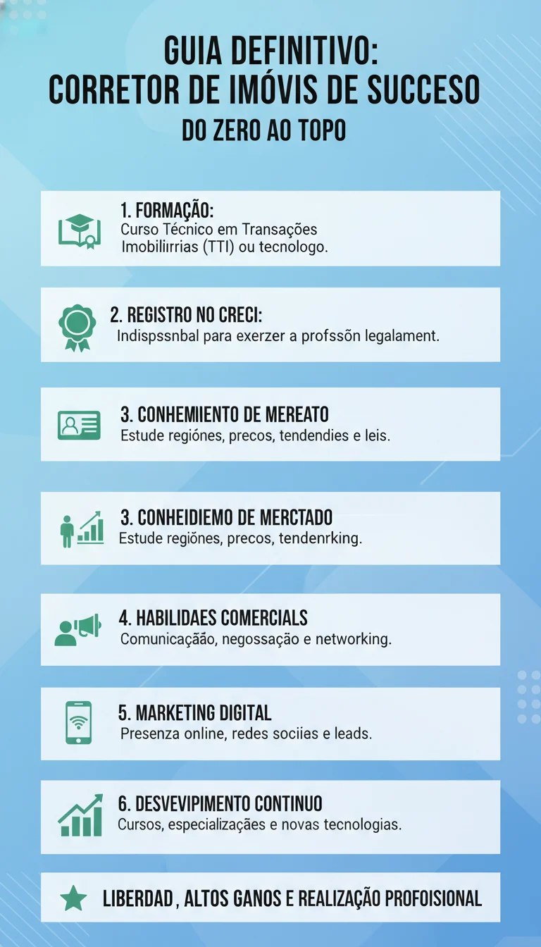 Guia Definitivo: Como Se Tornar um Corretor de Imóveis de Sucesso (Do Zero ao Topo) - Infográfico