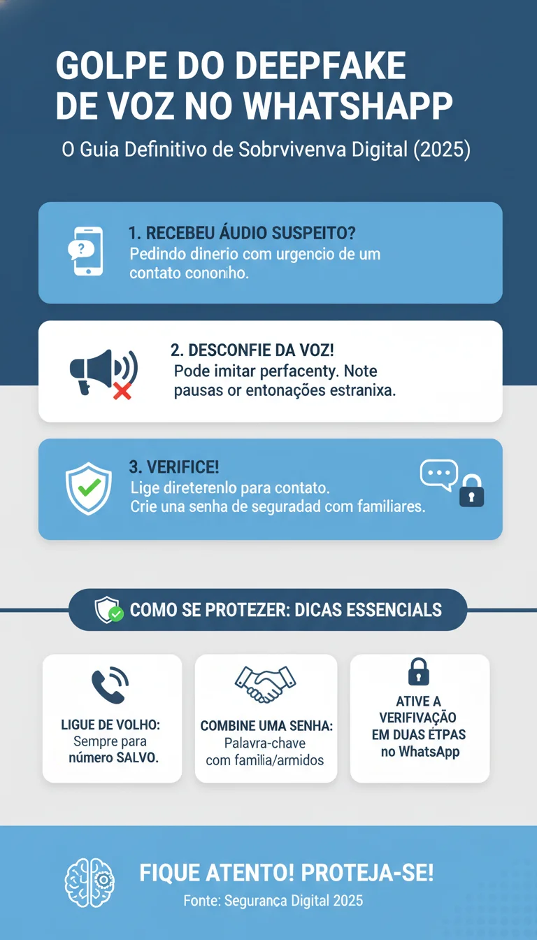 Golpe do Deepfake de Voz no WhatsApp: O Guia Definitivo de Sobrevivência Digital (2025) - Infográfico