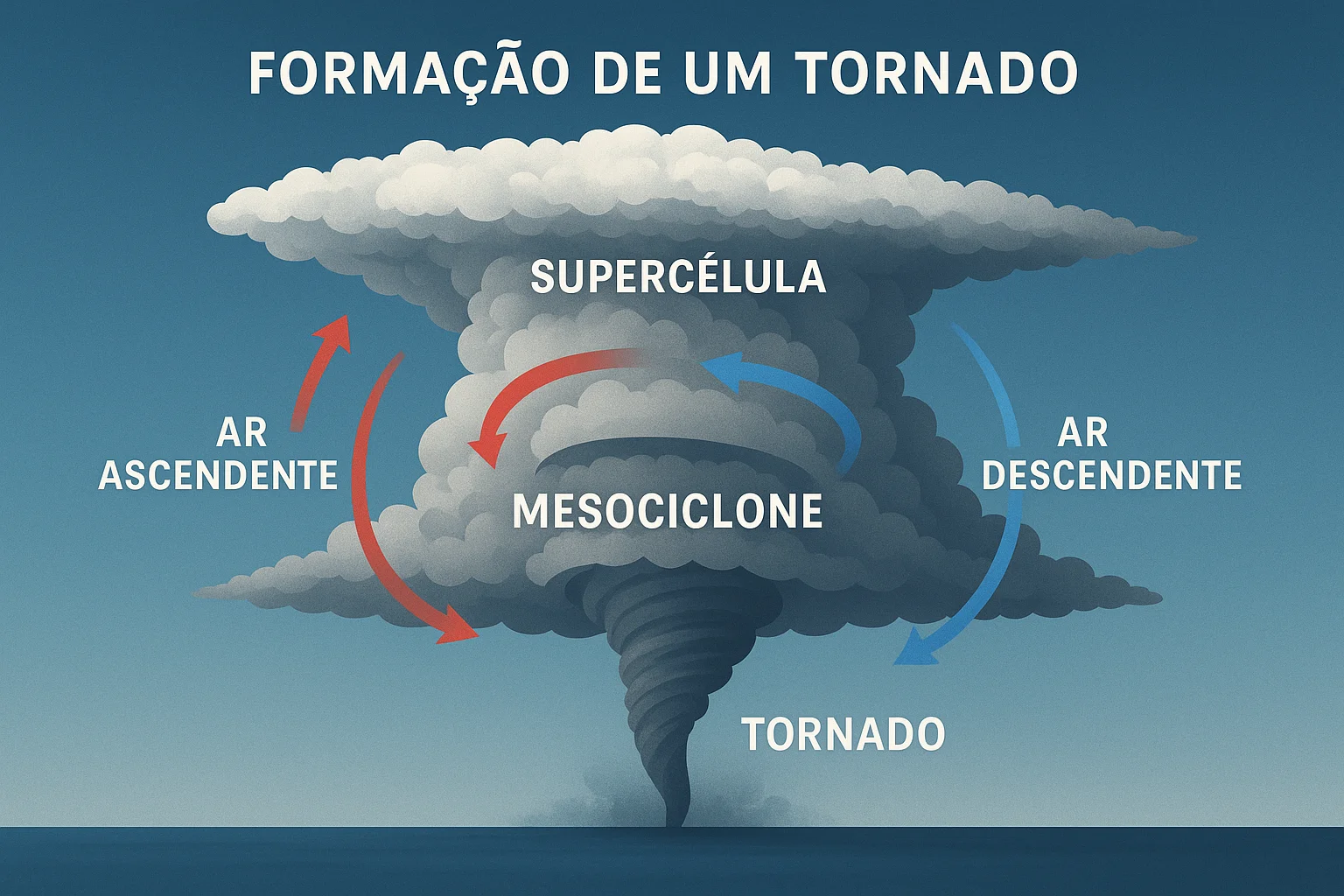 Diagrama educacional da formação de um tornado com supercélula