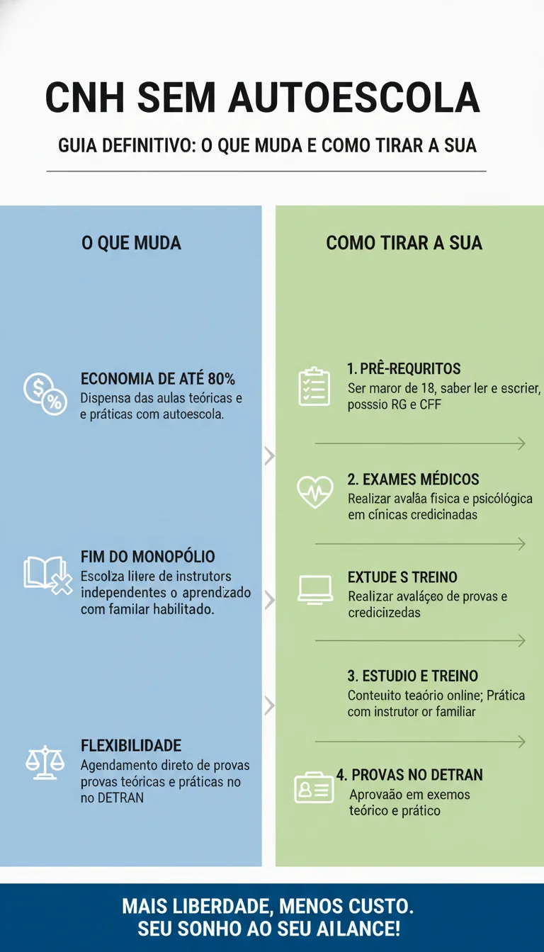 Guia Definitivo: CNH Sem Autoescola – O Que Muda e Como Tirar a Sua - Infográfico Explicativo