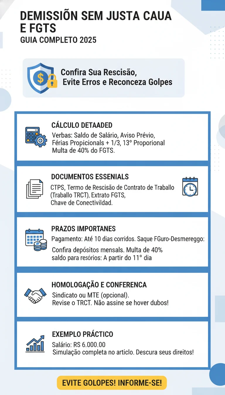 Demissão Sem Justa Causa e FGTS: Guia Completo Para Conferir Sua Rescisão, Evitar Erros e Reconhecer Golpes (2025) - Infográfico