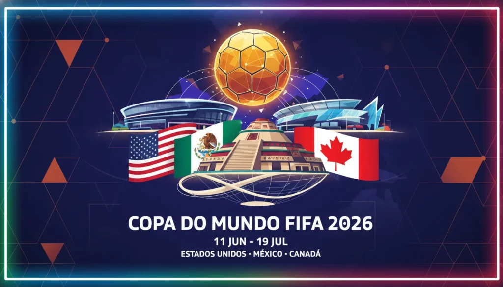 Descubra tudo sobre a Copa do Mundo 2026! Guia completo das 3 sedes (EUA, México, Canadá), estádios, novo formato com 48 seleções e datas.