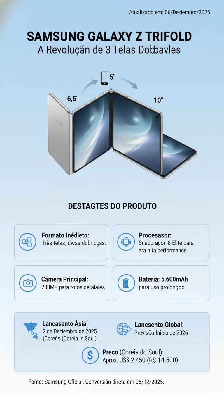 Samsung Galaxy Z TriFold: A Revolução de 3 Telas Dobráveis e Dobradiça Dupla Chegou ao Mercado? - Infográfico