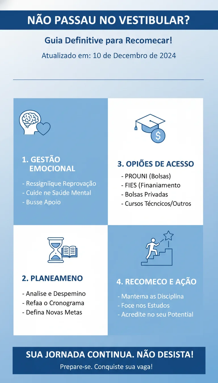 Não Passou no Vestibular? Guia Definitivo para Recomeçar, se Preparar e Conquistar Sua Vaga! (Incluindo FIES, PROUNI e Bolsas) - Infográfico