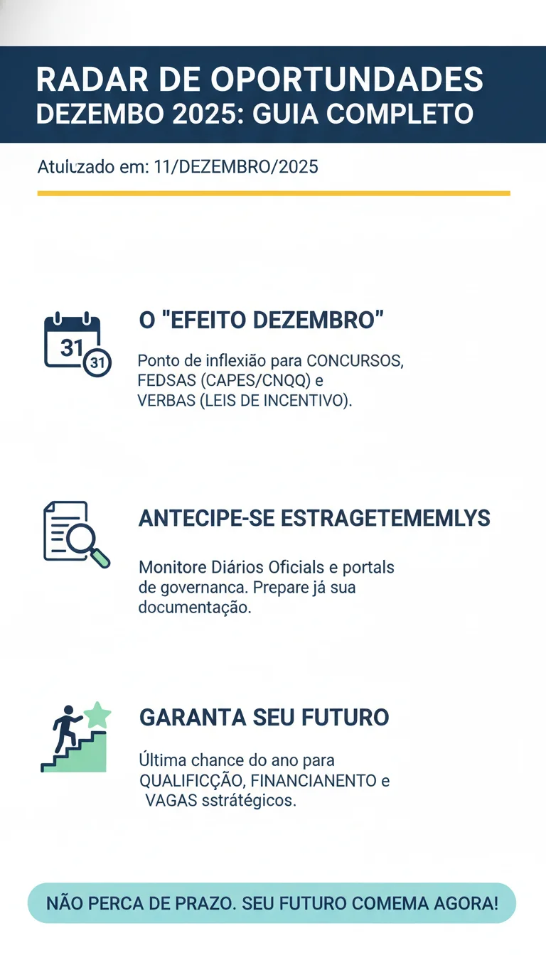 Radar de Oportunidades Dezembro 2025: Guia Completo de Cursos, Concursos, Bolsas e Verbas para o Seu Futuro - Infográfico