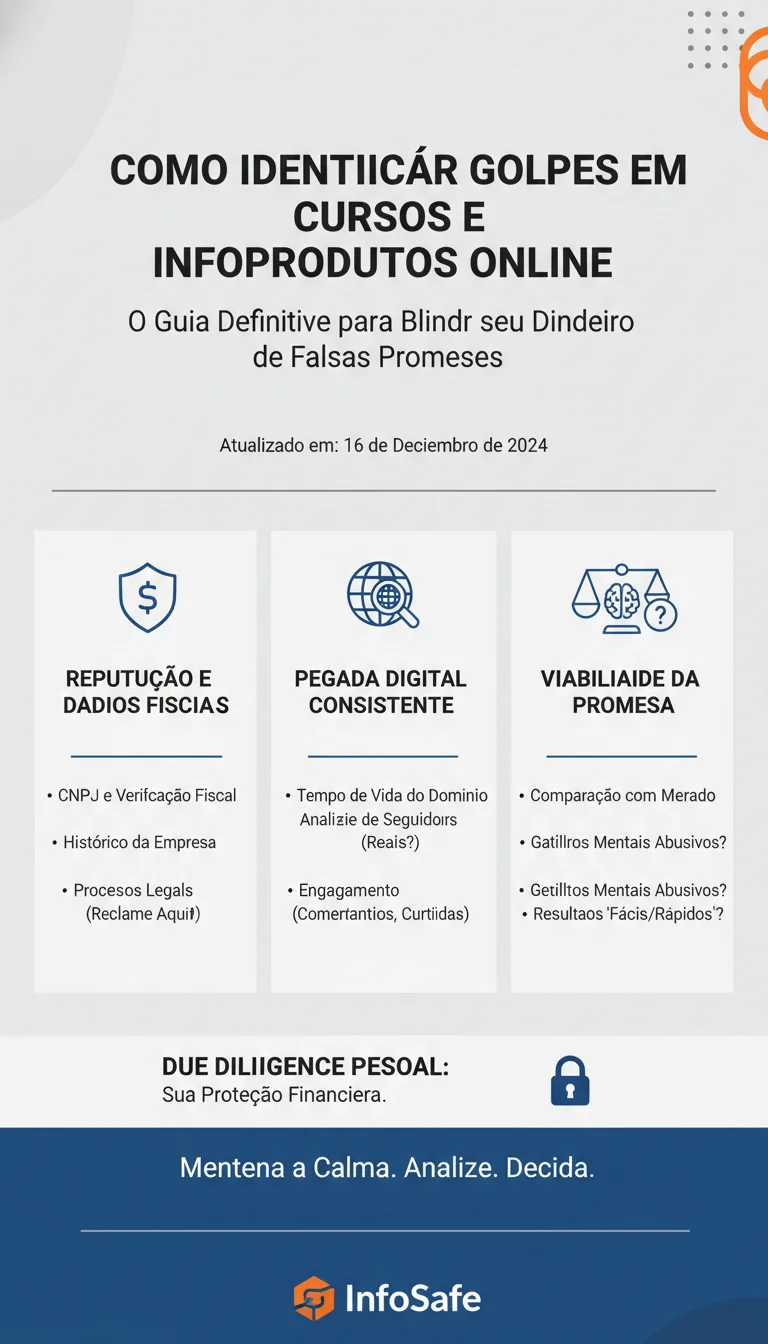 Como IDENTIFICAR Golpes em Cursos e Infoprodutos Online: O Guia Definitivo para Blindar seu Dinheiro de Falsas Promessas - Infográfico