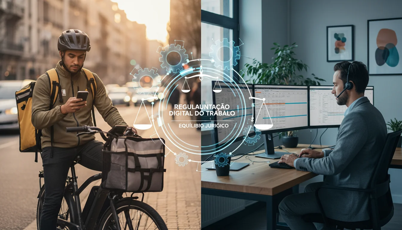 Visão panorâmica da Nova Lei Geral do Trabalho Digital, destacando a regulamentação para plataformas e teletrabalho