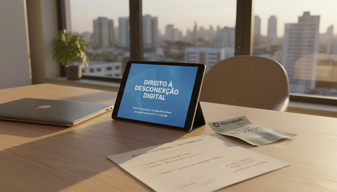 Representação visual do trabalhador digital equilibrando tarefas em casa, simbolizando o teletrabalho regulamentado