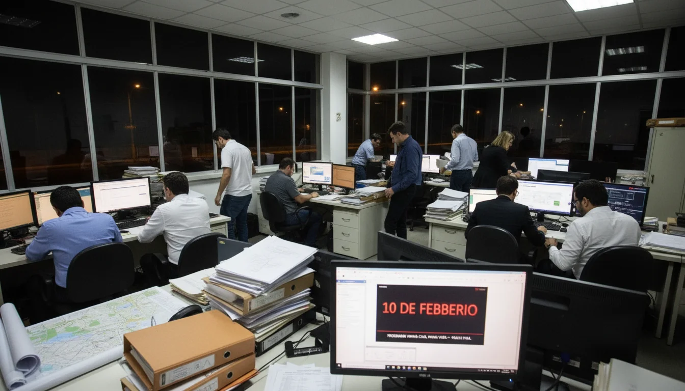Visão aérea de um conjunto habitacional do Programa Minha Casa, Minha Vida, indicando urgência no prazo de 10 de fevereiro.