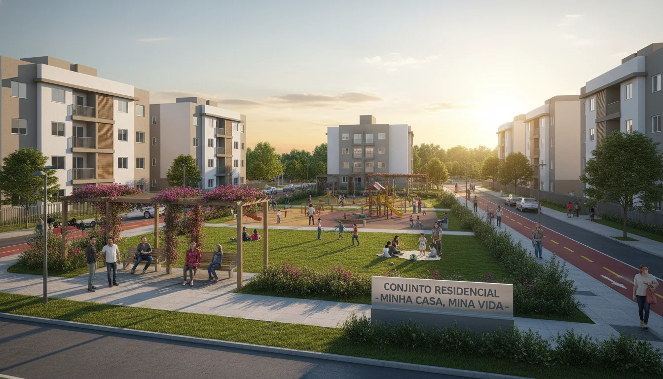 Vista final de um conjunto habitacional novo, simbolizando o sucesso da aprovação do projeto.