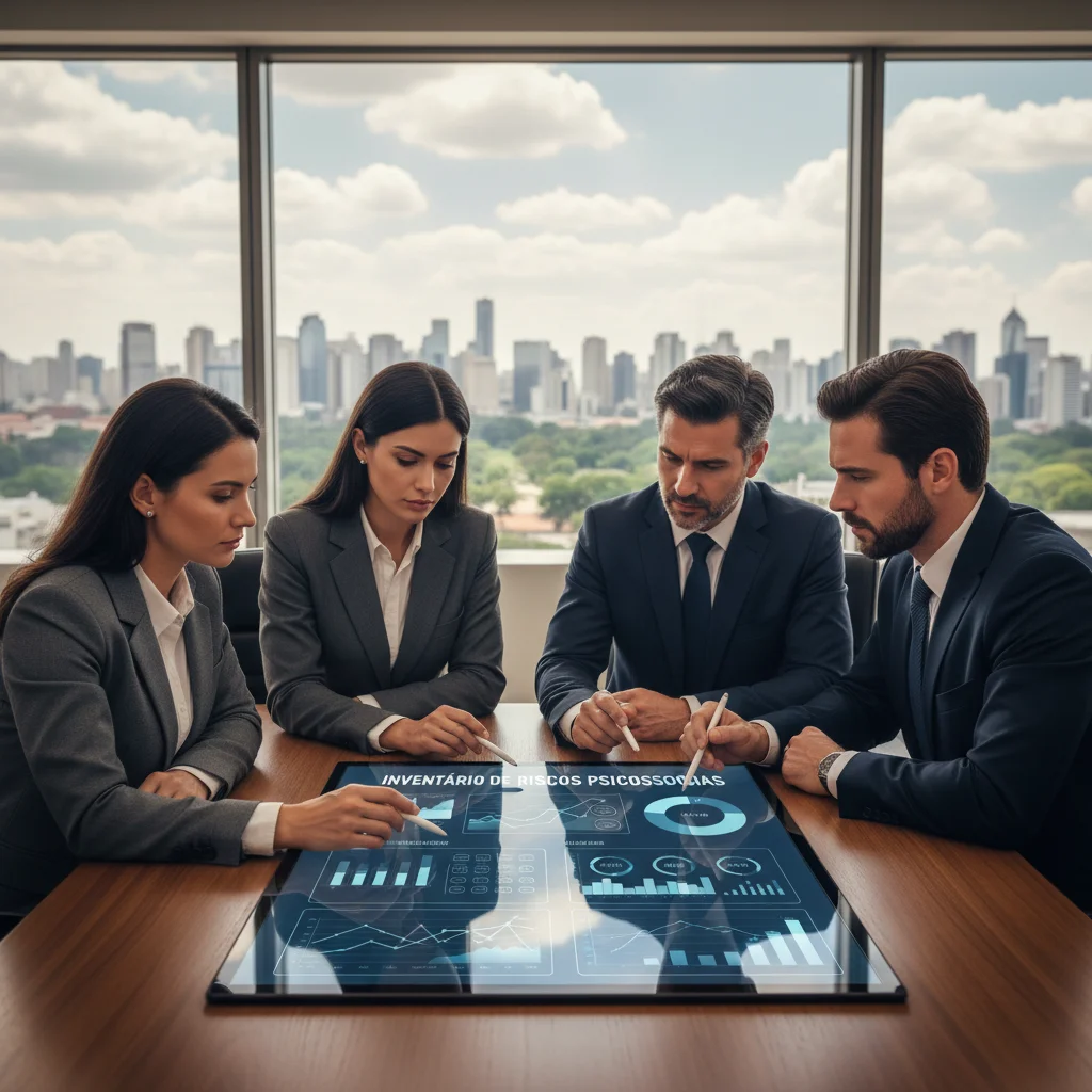 Gestor analisando dados de compliance e saúde mental em painel digital